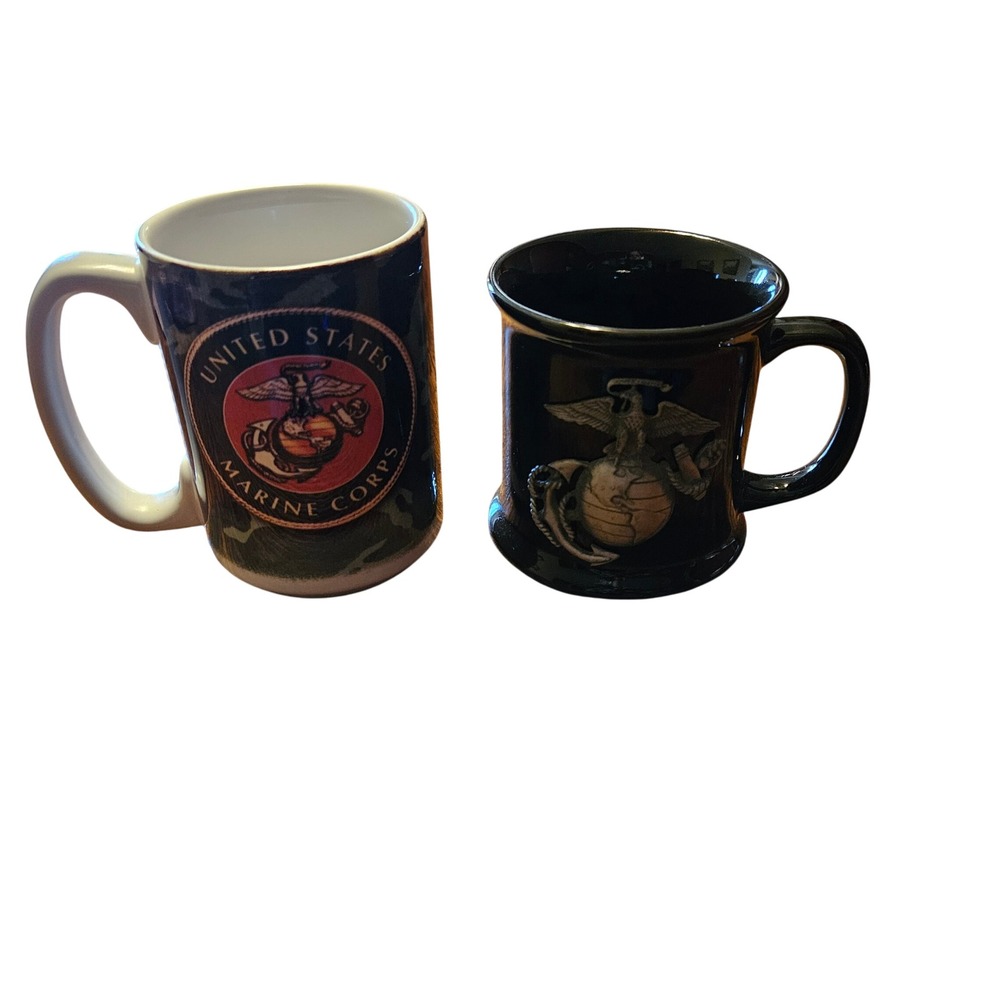 United States Marine Corps USMC Coffee Mug Set Camo & Black w Pewter EGA 2 Piece